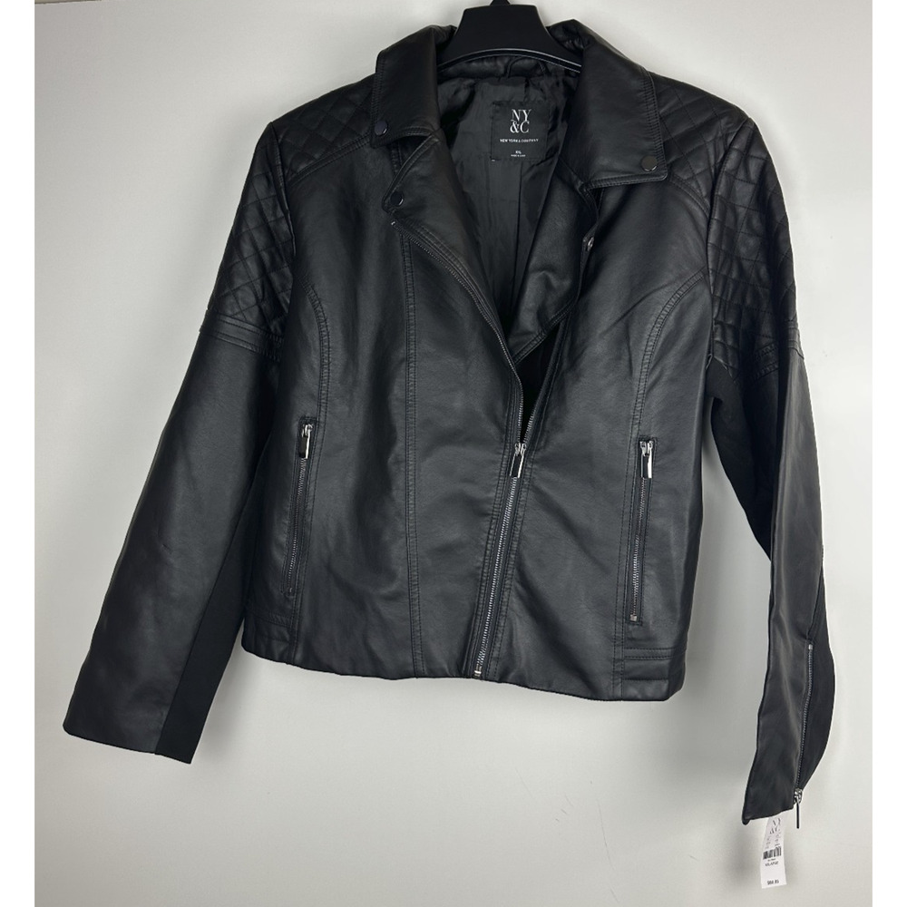 NWT New York & Company Faux Leather Moto Jacket Black Quilted Shoulders XXL NY&C - Picture 11 of 11